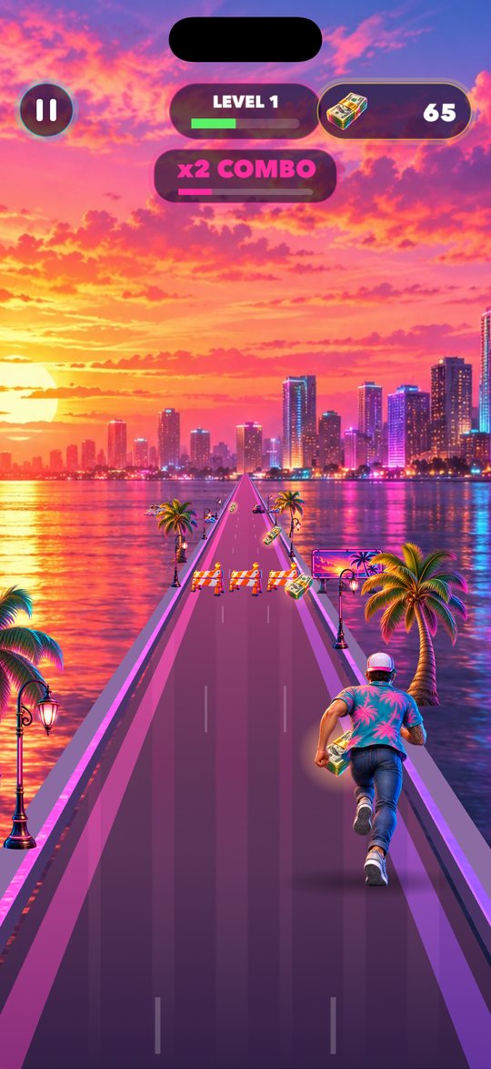 Gameplay: a runner on a neon bridge collecting cash at sunset